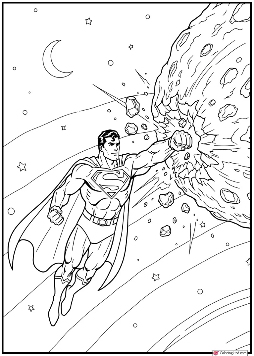 Superman Punching Through an Asteroid in Outer Space