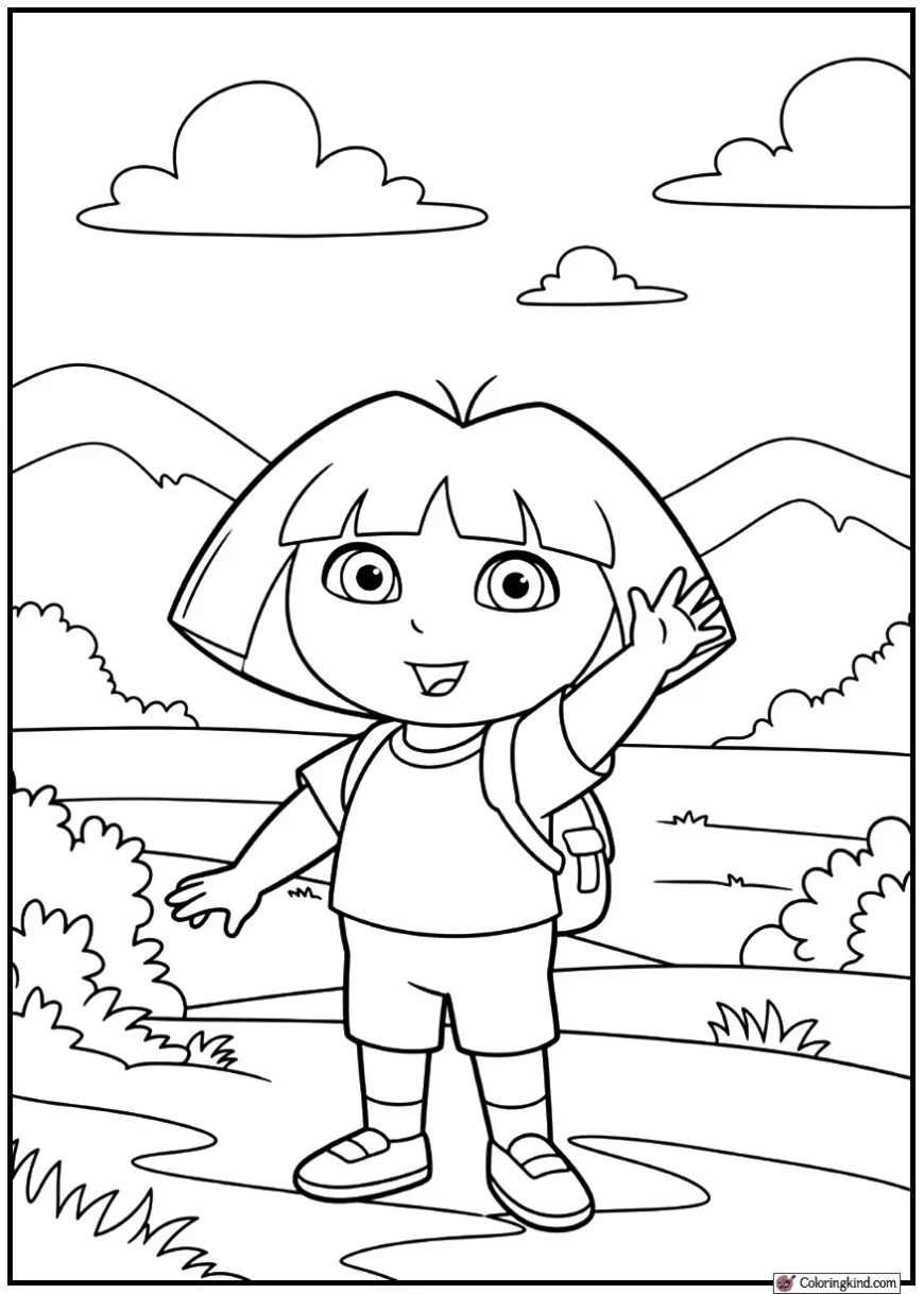 Dora Waving Hello in Cartoon Landscape