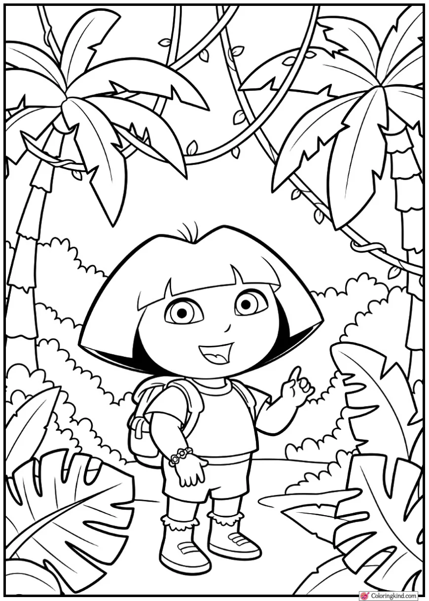 Dora Smiling in a Colorful Cartoon Jungle