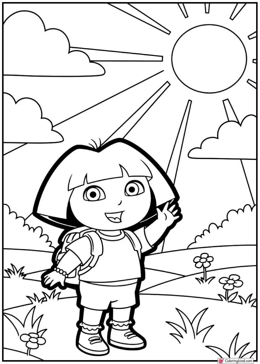 Dora Standing in a Sunny Meadow Cartoon Scene
