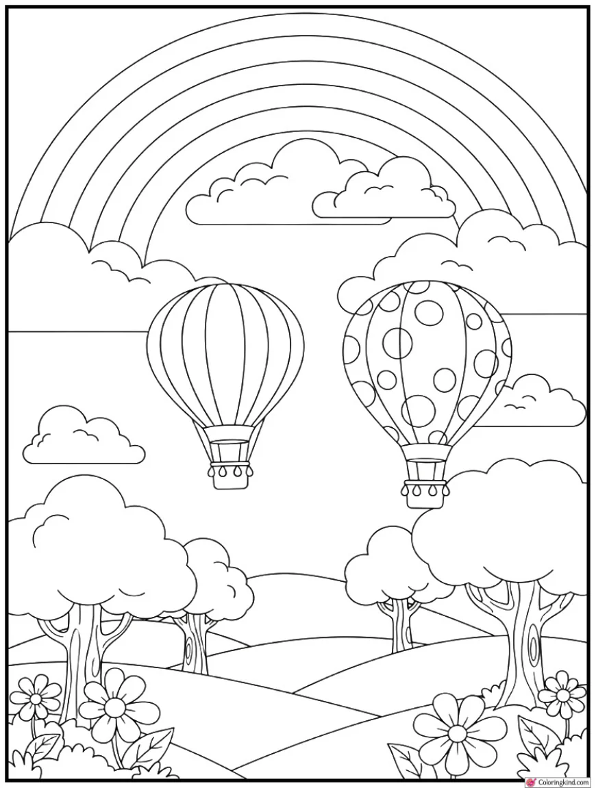 Rainbow and two hot air balloons